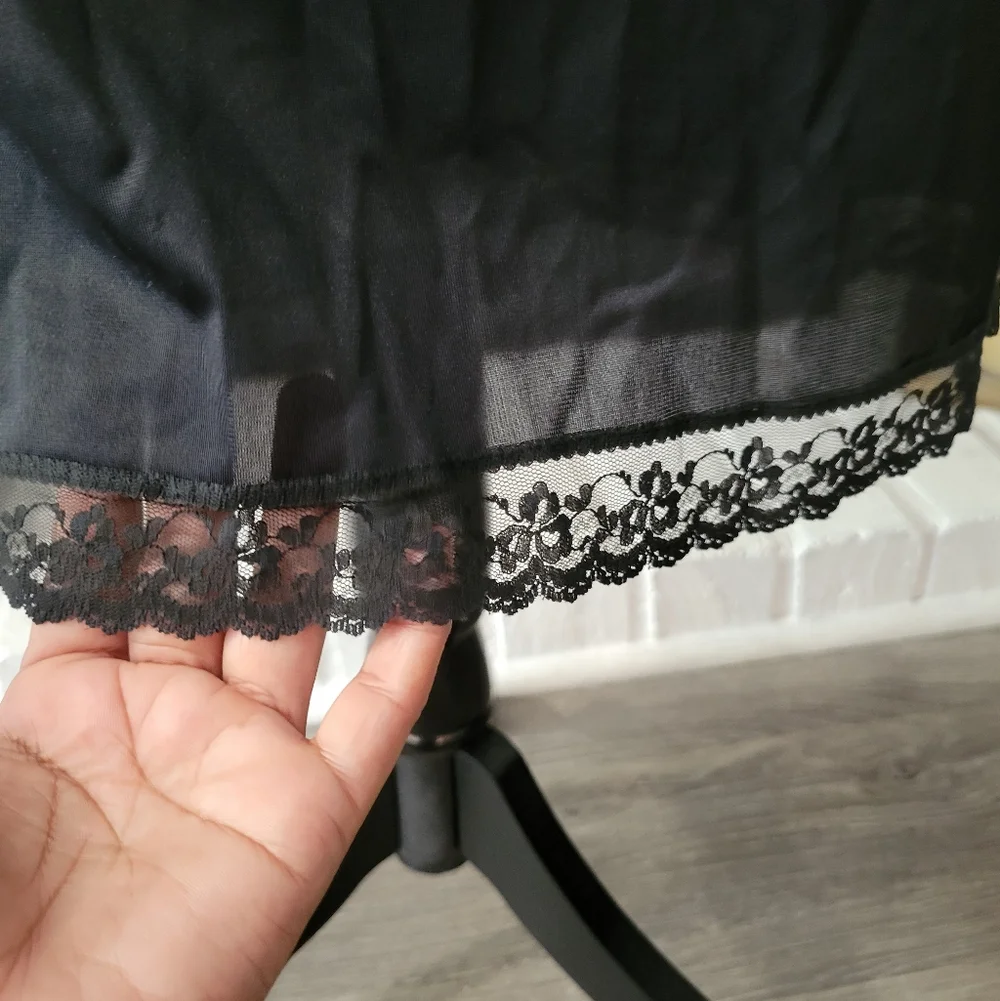 Vintage Black Lace-Trim Sheer Slip Midi Dress Size 38 - Picture 3 of 6